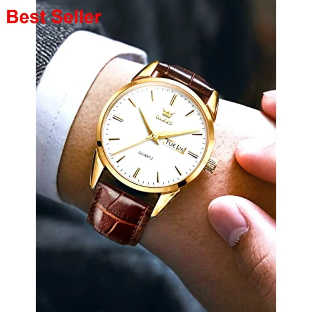 Men's Casual Leather Watch with Date, Waterproof Quartz Movement